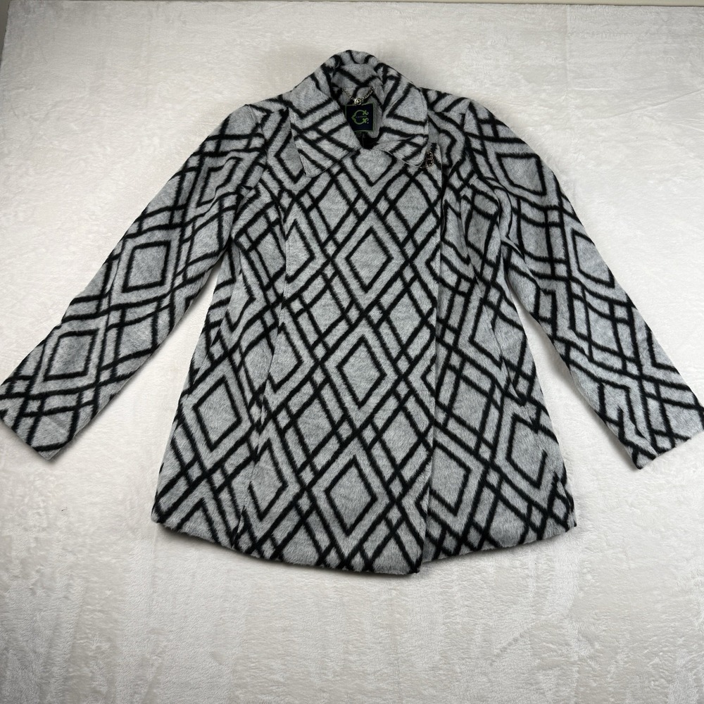 C‎ Wonder Geometric Patterned Pea Coat Jacket Black White Women's XXS Fleece